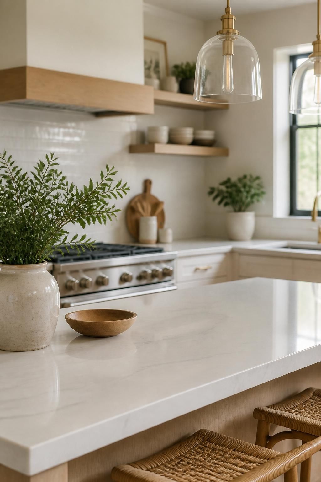 Freshly cleaned contemporary kitchen with gleaming countertops and soft light