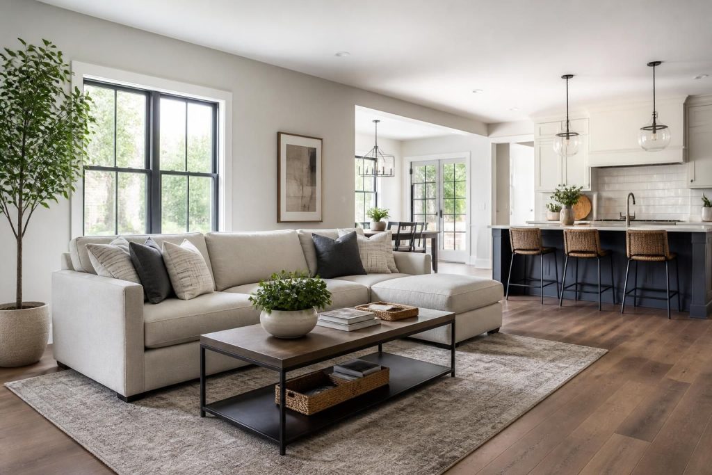 Bright clean modern living room with natural daylight and polished surfaces